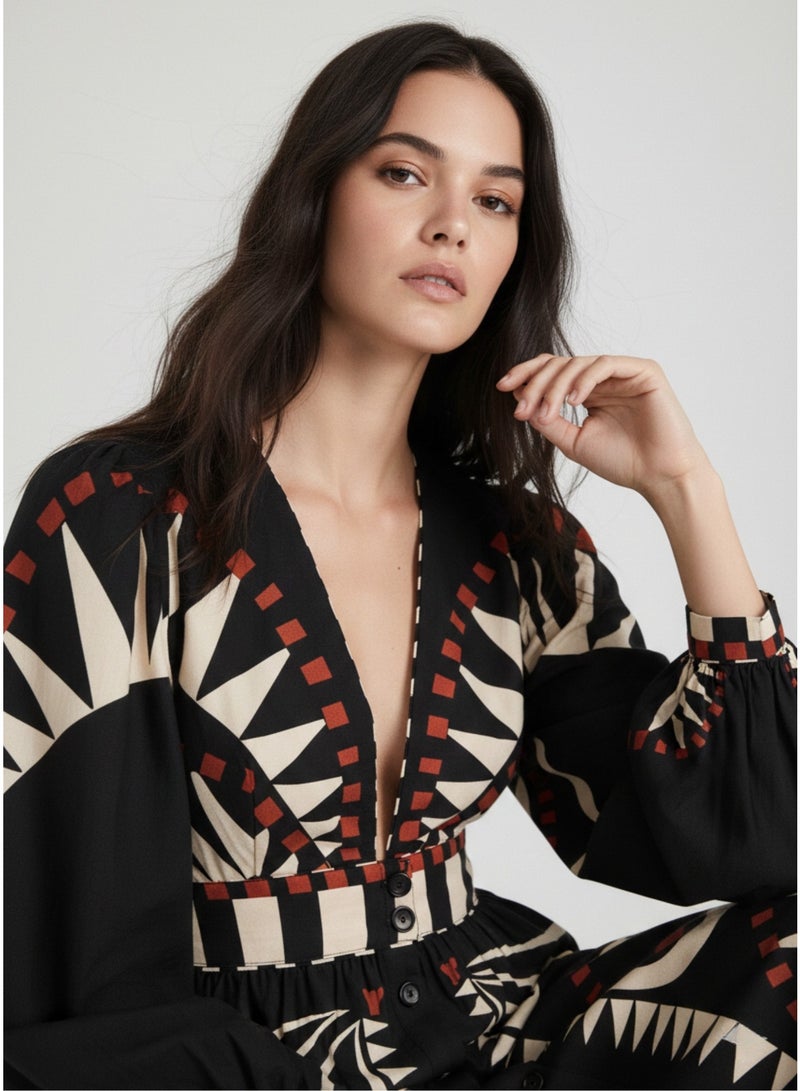 OUTZIDR Black Placement Tribal Print Shirt Maxi Dress - Image 5